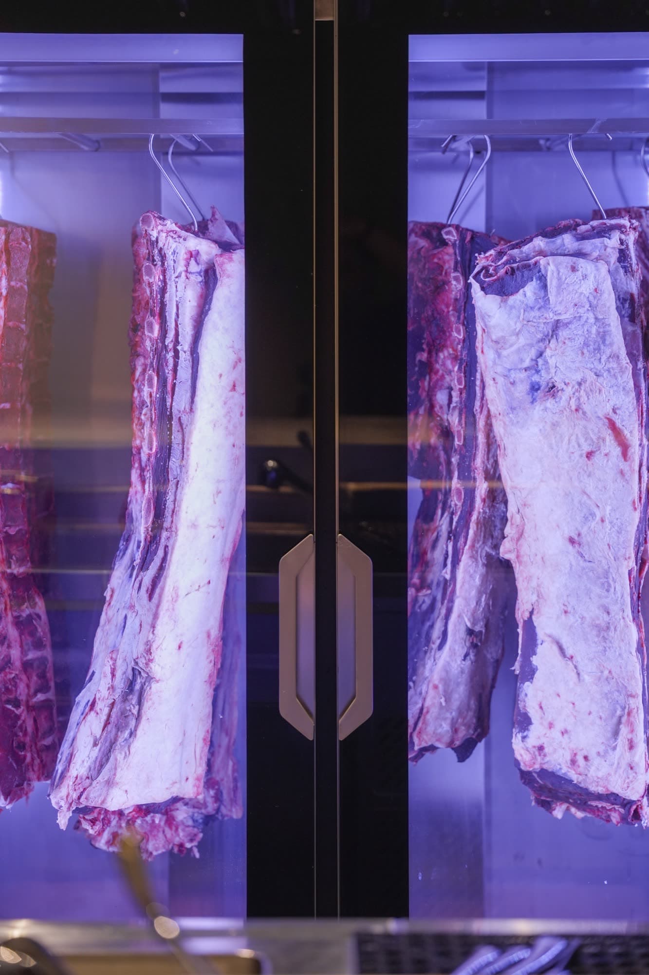 Dry aging chamber with glass doors and hanging beef under UV light