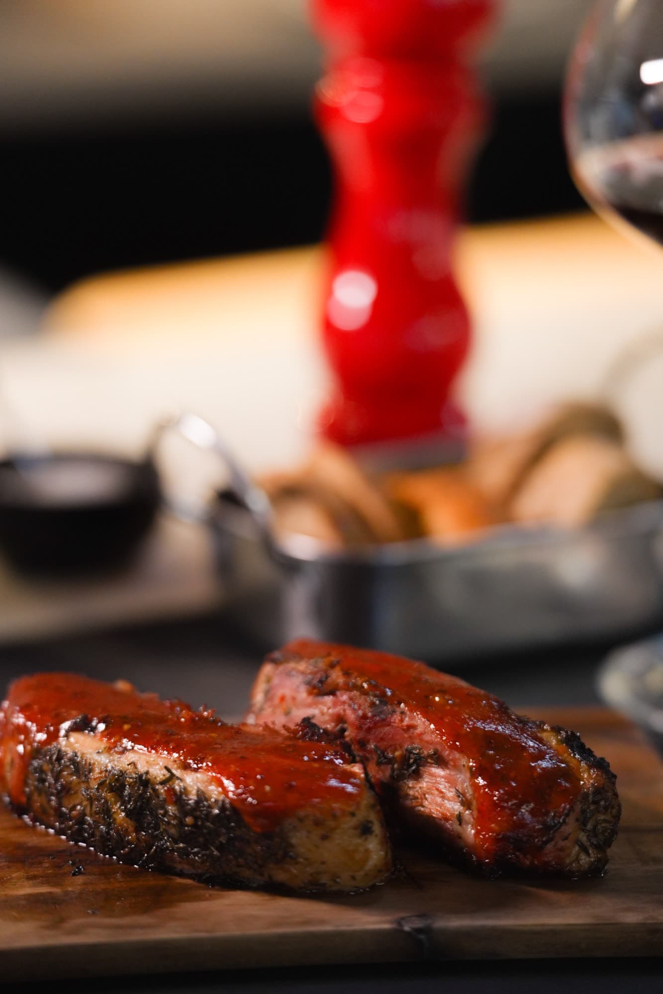 Glazed steak close-up showing Josper crust and pink centre